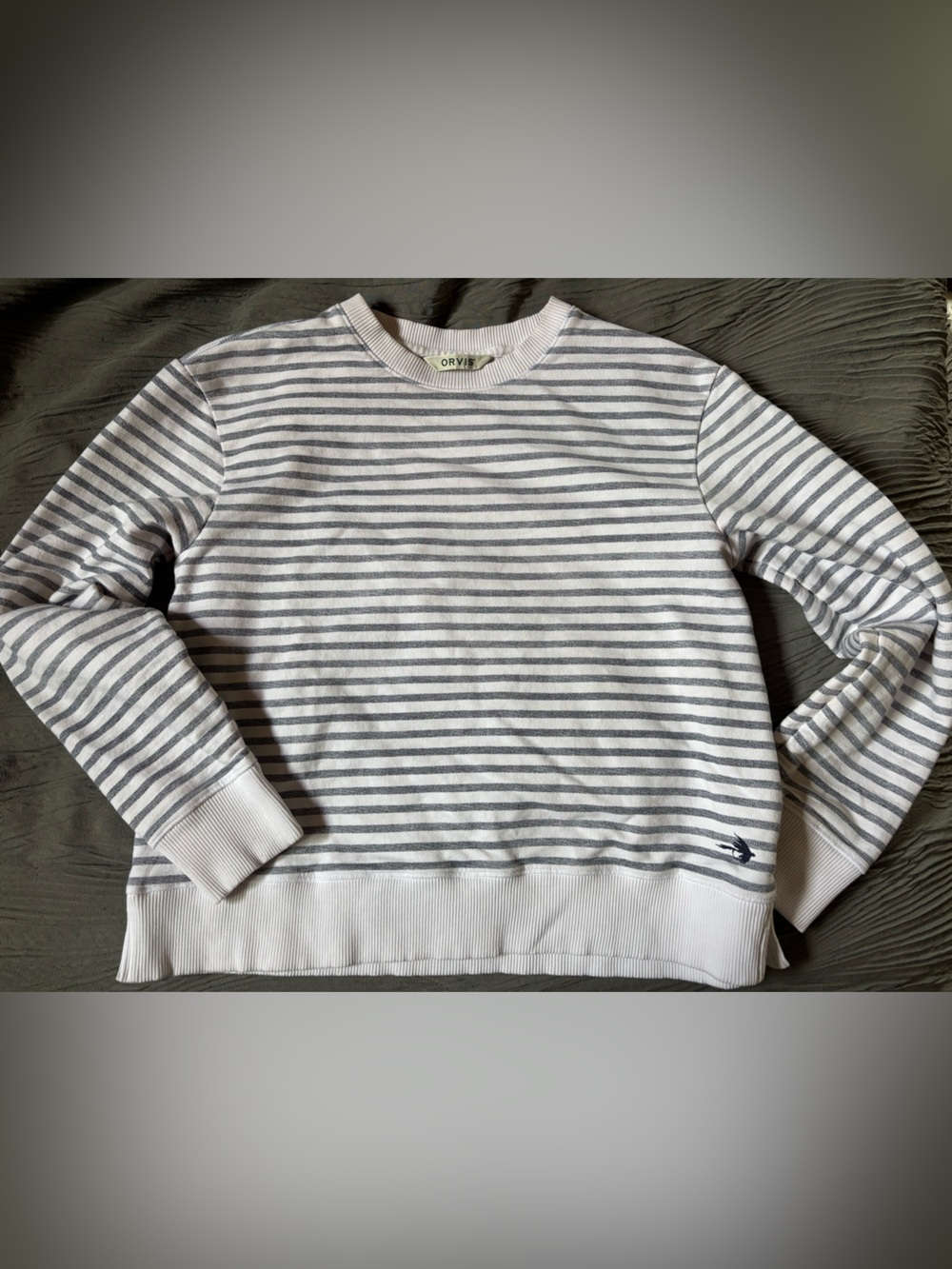 Orvis woman’s Gray & White Striped Crewneck Sweater
